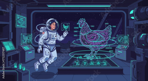 Futuristic Avian Research: Astronaut Studying Chicken Anatomy in Space Station