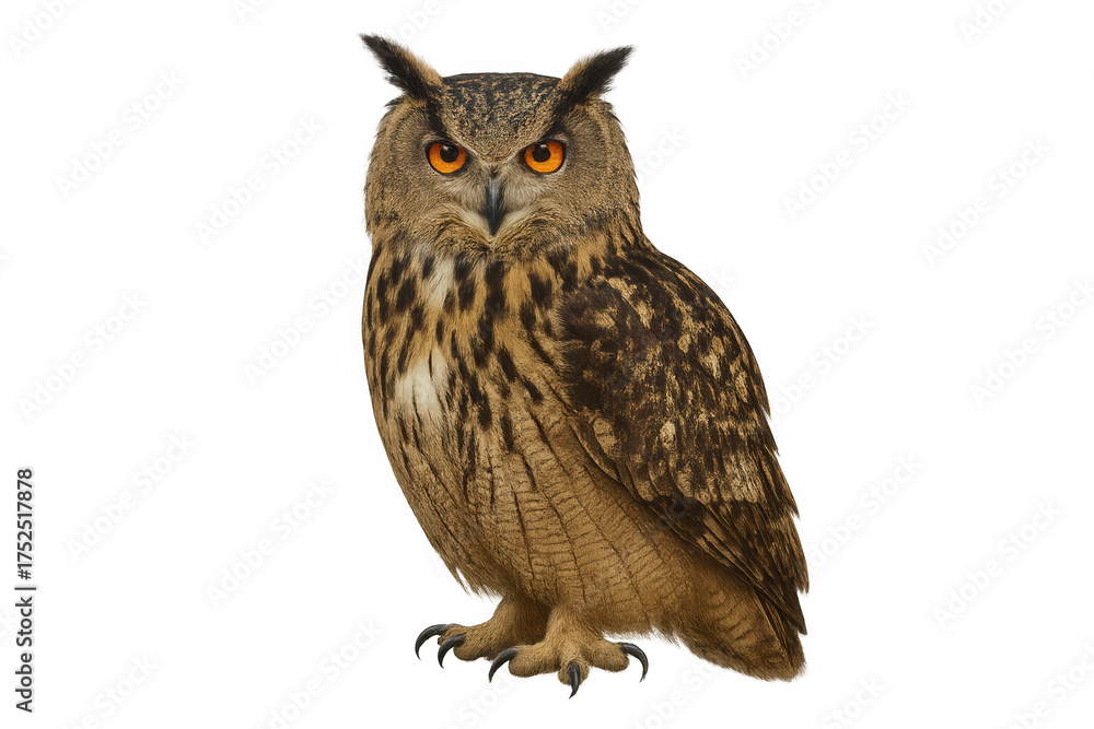 Fototapeta premium Eurasian eagle-owl standing looking at foreground, bubo bubo predator bird with orange eyes on transparent background