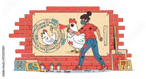 Urban artist creating graffiti with chicken and esoteric symbols on brick wall