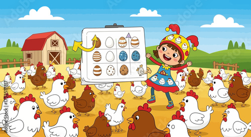Whimsical farm scene featuring a girl with Easter eggs and cartoon chickens
