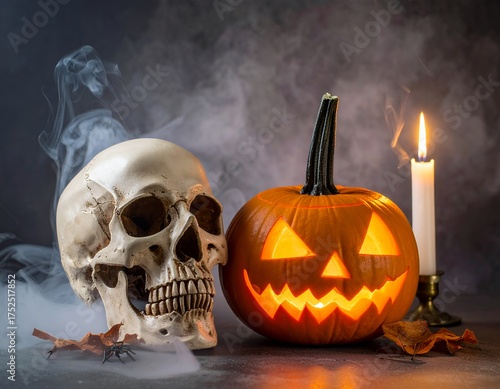 Eerie Halloween night with glowing jack-o'-lantern, skull, and candle casting spooky shadows against a smoky backdrop creating a chilling atmosphere