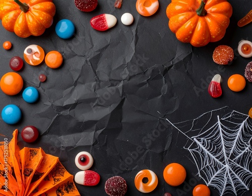 Spooky Halloween treats frame with pumpkins, candies, and spiderweb on dark background for creative festive designs and party invitations