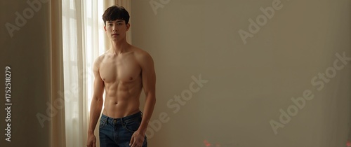 Handsome Asian man with toned body posing near curtains. Generative AI