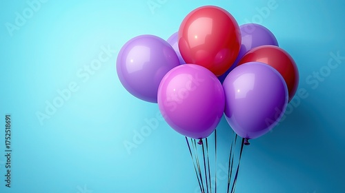 Purple and red balloons floating in the sky, close - up highlights colors, great for festive events

