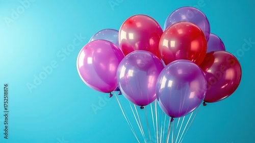 Purple and red balloons floating in the sky, close - up highlights colors, great for festive events
