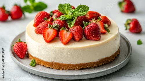 Wallpaper Mural Freshly baked cheesecake with red strawberries arranged on top, photographed from the side with natural light and minimalist background. Torontodigital.ca