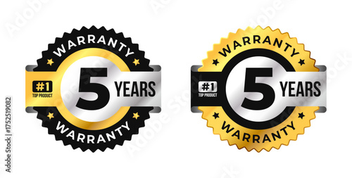 Premium 5 year warranty badge vector with black, gold and silver colors. Perfect for product guarantee, quality assurance, label, or certification design
