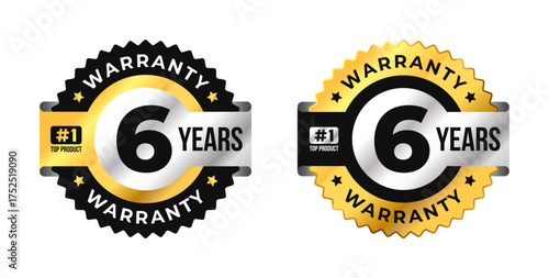 Premium 6 year warranty badge vector with black, gold and silver colors. Perfect for product guarantee, quality assurance, label, or certification design