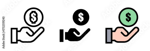 Conjunto de iconos de inversión financiera. Crecimiento económico, ahorro, rentabilidad y éxito monetario. Mano sosteniendo dinero. Ilustración vectorial
