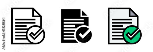 Conjunto de iconos de documento aprobado. Validación, autorización, cumplimiento y revisión aceptada. Ilustración vectorial