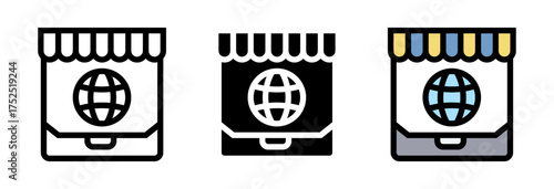 Conjunto de iconos de tienda global. Comercio internacional, venta online, conexión. Ilustración vectorial