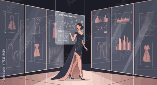 Futuristic fashion analytics platform, a woman analyzing outfit trends on a digital screen