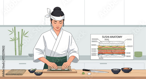 Master sushi chef crafting traditional japanese cuisine in a modern kitchen