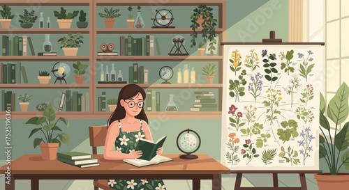 Illustration of a student studying botany in a cozy, plant-filled room