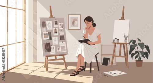 Creative woman sketching in her artistic studio filled with sunlight and inspiration
