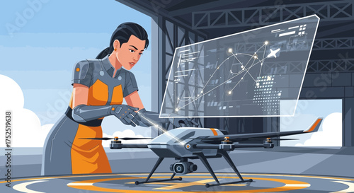 Woman inspecting drone with advanced technology for futuristic applications