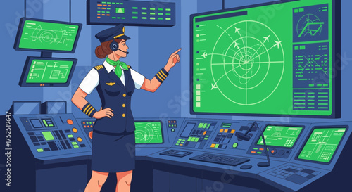 Focused female air traffic controller managing flight patterns in control room