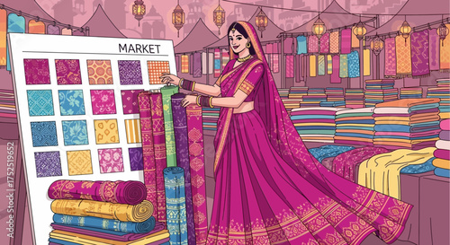 Vibrant textiles and traditional elegance at a bustling marketplace scene illustration