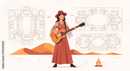 Harmonies in the Desert: Musician's Architectural Dream with Blueprint backdrop