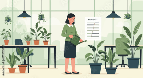 Woman tending to plants in an office space filled with greenery, promoting workplace wellness