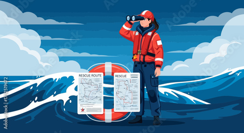 Coastguard vigilance: Illustrated lifeguard using binoculars in oceanic rescue operation