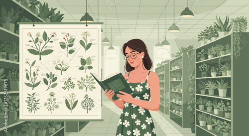 Botanical knowledge: A woman studies flora in a verdant plant-filled environment