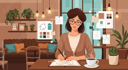 Creative artist fashion designer sketching in a cafe interior with inspiring moodboards