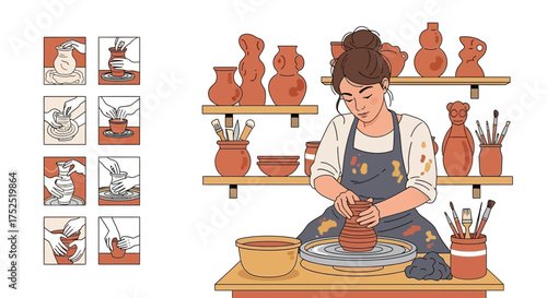 Illustrative pottery workshop scene featuring a young woman shaping clay on a wheel