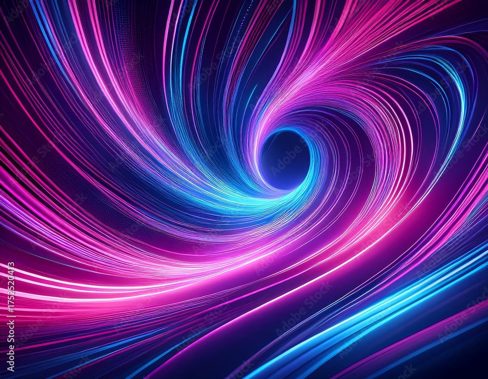Fototapeta premium A dynamic illustration showing swirling, glowing lines that create a vortex effect with vibrant blues and pinks, hinting at energy and motion. Hints of darkness enhance the luminous quality.