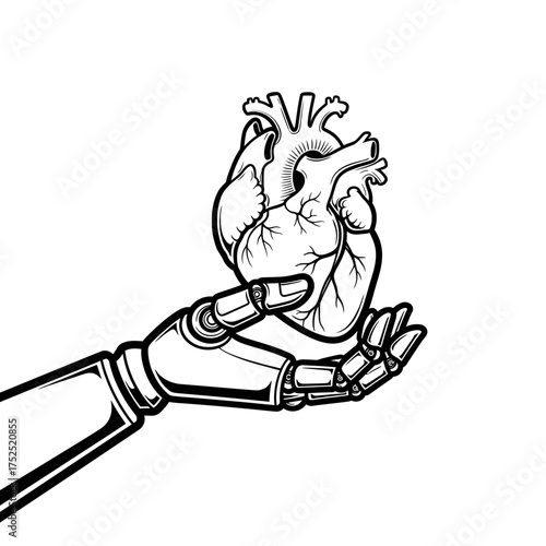 Futuristic robotic hand gently cradles a detailed anatomical human heart, symbolizing care, innovation, and the intersection of technology and life