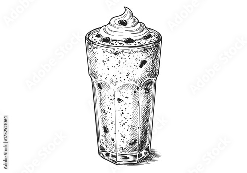 Oreo milkshake in glass with whipped cream topping, vector illustration for dessert and beverage menu design