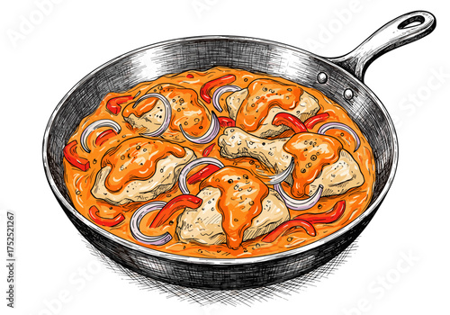 Csirkepaprikás Hungarian chicken stew with paprika sauce in pan, vector illustration for traditional food and restaurant design