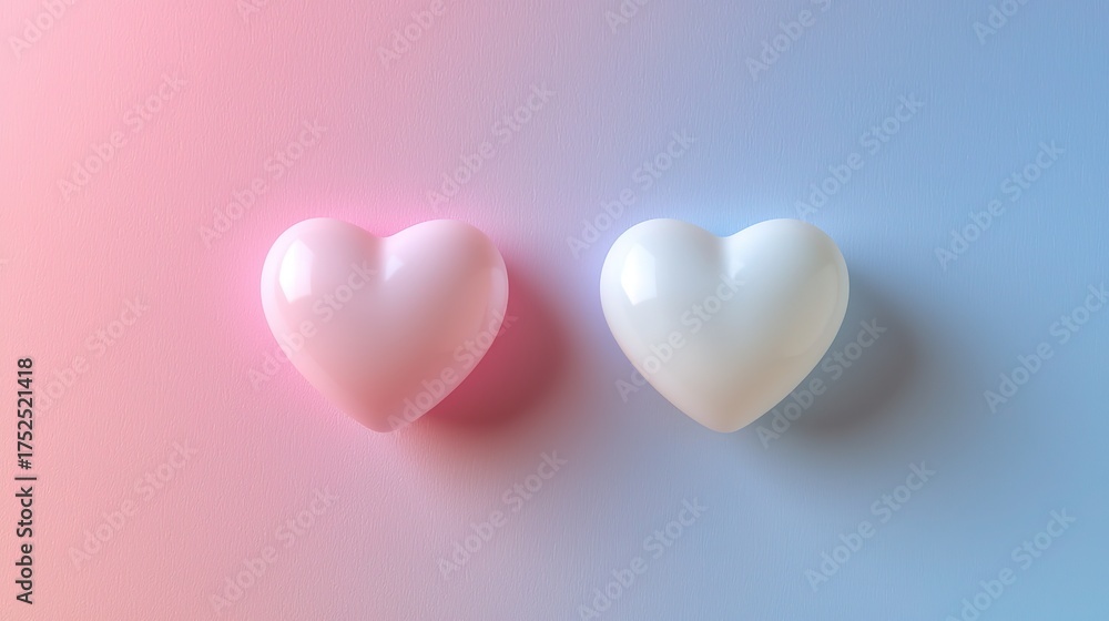 Fototapeta premium Two simple hearts, one white and one pink, floating on a gradient background 