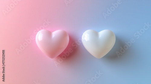 Two simple hearts, one white and one pink, floating on a gradient background
