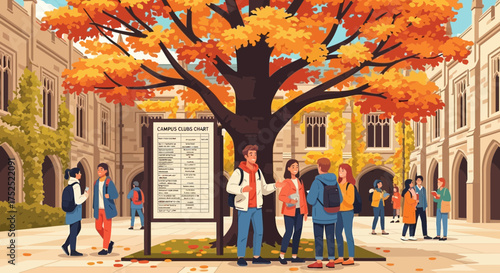 Autumn Hues Illuminate a Vibrant University Courtyard Scene with Students