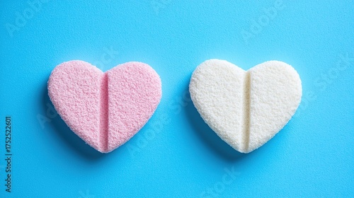 Two simple hearts, one white and one pink, floating on a gradient background

