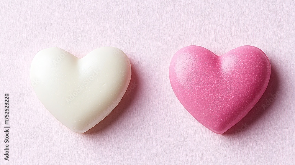 Fototapeta premium Two simple hearts, one white and one pink, floating on a gradient background 