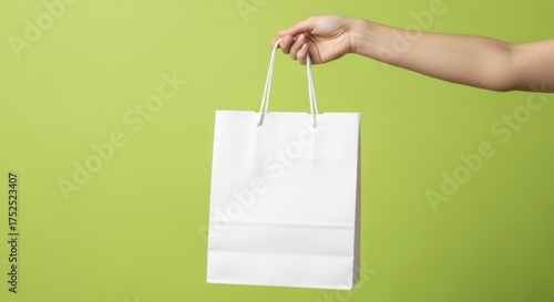  A hand holds a blank white paper shopping bag against a vibrant lime green background for gift or purchase