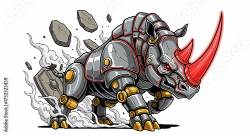 Armored Rhino with Red Horns and Shield Charging Through Debris.