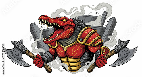 Armored Red Alligator Warrior with Axes Amidst Crumbled Stone and Smoke.