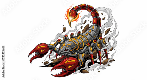Fierce Mechanical Scorpion with Fiery Stinger and Red Accents Cartoon Illustration.