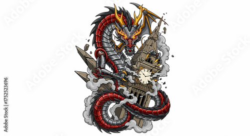 Mechanical Dragon Coiling Around a Crumbling Clock Tower with Fiery Eyes.