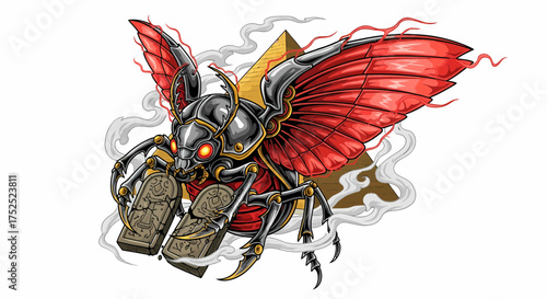 Scarab Beetle with Red Wings and Stone Tablets against Pyramid Backdrop.