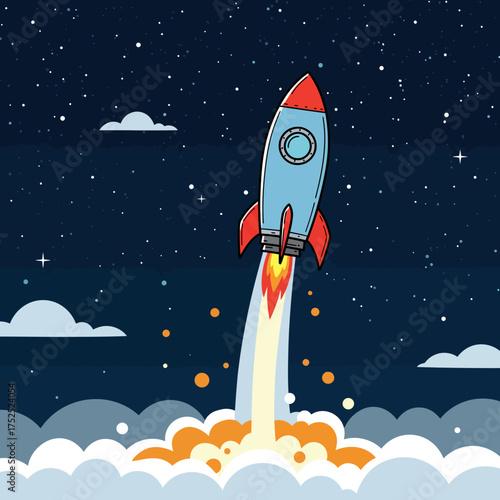 Retro rocket launching into starry night sky clouds ascending with fiery exhaust trail