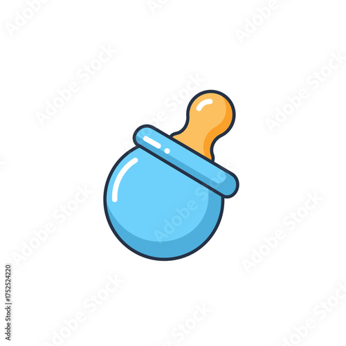 Cute cartoon baby bottle with blue liquid and yellow nipple iconographic symbol