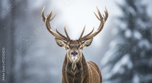 Majestic red deer stag with large antlers standing in a snowy winter forest during a gentle snowfall