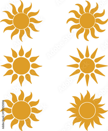 Six golden sun silhouettes vector graphic