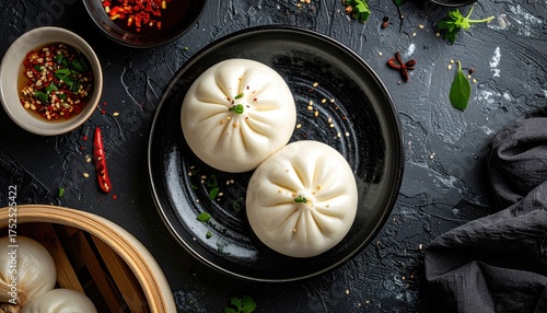 Steamed Buns With Chili Peppers And Tea Cups On A Dark Textured Background Overhead View Overhead Shot Of Delicious Chinese Food And Tea In Ceramic Cups.
