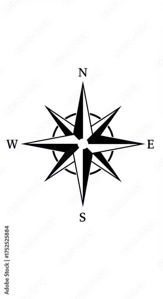 Fototapeta premium A black and white directional compass rose indicates north, south, east, and west.