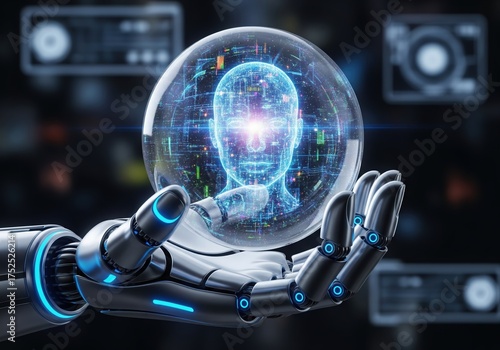 Robot Hand Holding AI Sphere Future Technology Concept